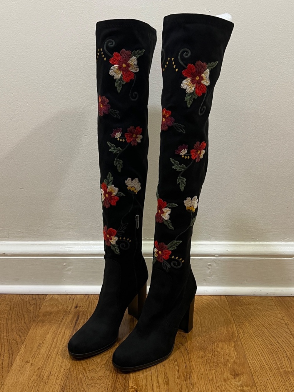 Sam Edelman Vena Black Microsuede Floral Embroidered Over-the-Knee Boots, Sz 10M